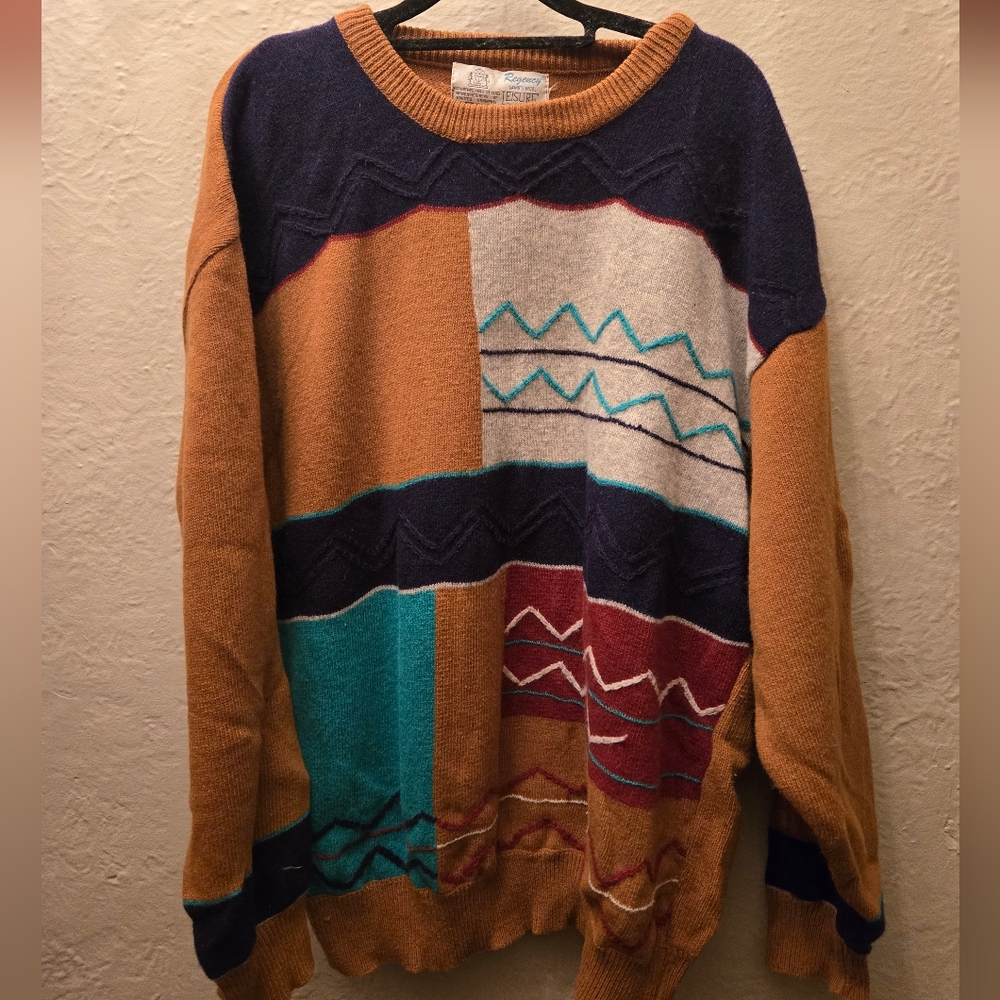 Vintage Regency Lambswool Colorblock Knit Sweater Geometric